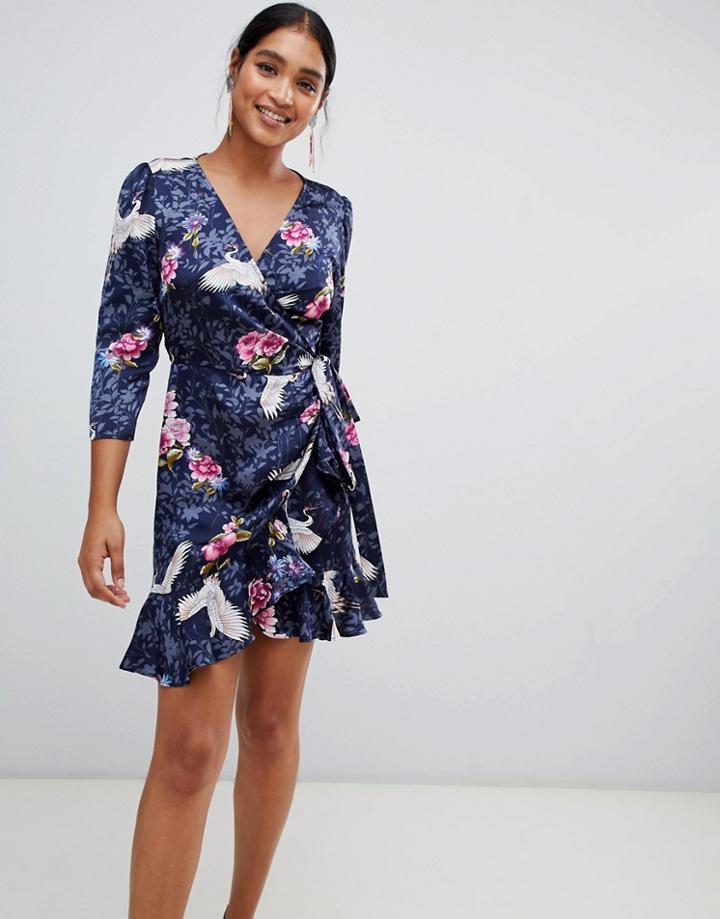 Liquorish Floral And Bird Print Wrap Dress - Navy
