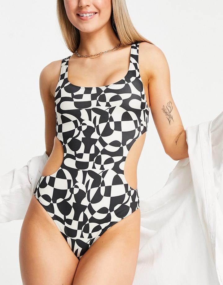 Monki Side Cut Out Swimsuit In Black And Beige Graphic Print-multi