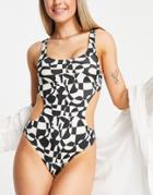 Monki Side Cut Out Swimsuit In Black And Beige Graphic Print-multi