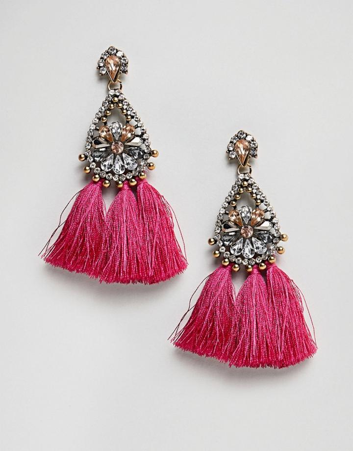 New Look Fabric Tassel Gem Earrings - Pink