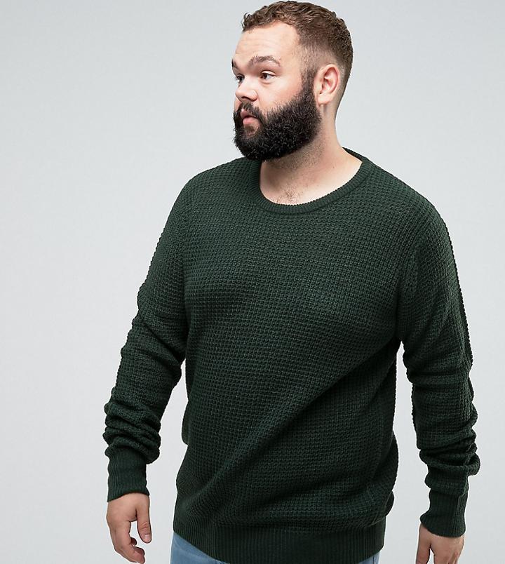 Brave Soul Plus Crew Neck Waffle Knit Sweater - Green