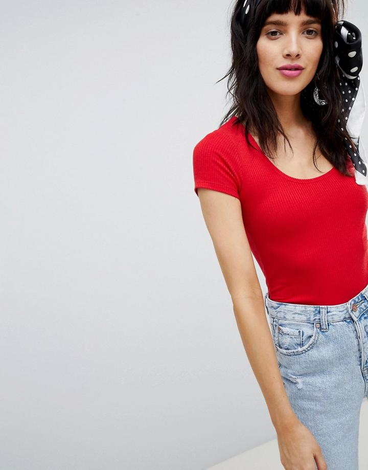 Stradivarius Ballerina Neck Jersey Ribbed Crop Top Plain - Red