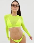 Asos Design Mesh Long Sleeve Tie Front Bikini Top In Neon - Green