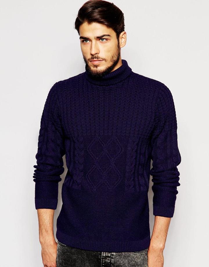 Asos Roll Neck Sweater With Mixed Cable - Navy