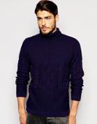 Asos Roll Neck Sweater With Mixed Cable - Navy