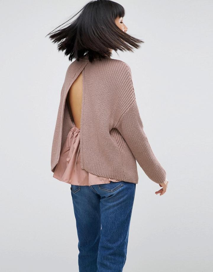 Asos Sweater In Knit And Woven Mix With Open Back - Pink