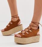 New Look Suedette Lace Up Flatform Sandal In Tan - Tan