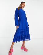 Vila Long Sleeve Midi Dress With Ruffle Tiered Hem In Blue