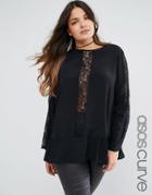 Asos Curve Deep Plunge Lace Insert Top - Black