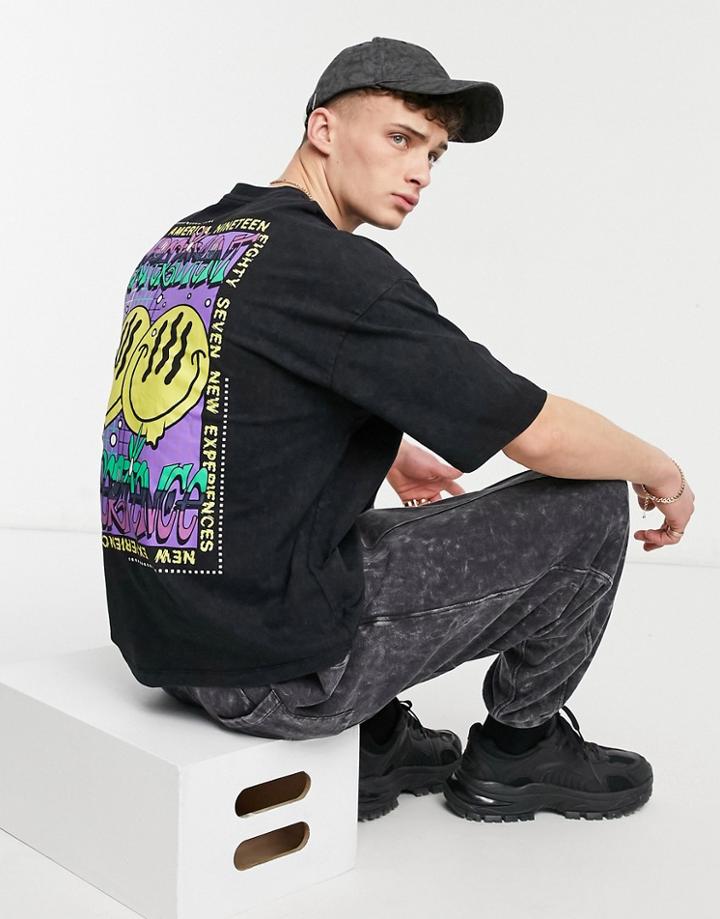 Asos Design Oversized T-shirt In Black Acid Wash With Back Poster Style Print