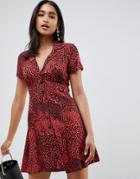 Asos Design Button Through Mini Skater Dress In Red Animal Print-multi