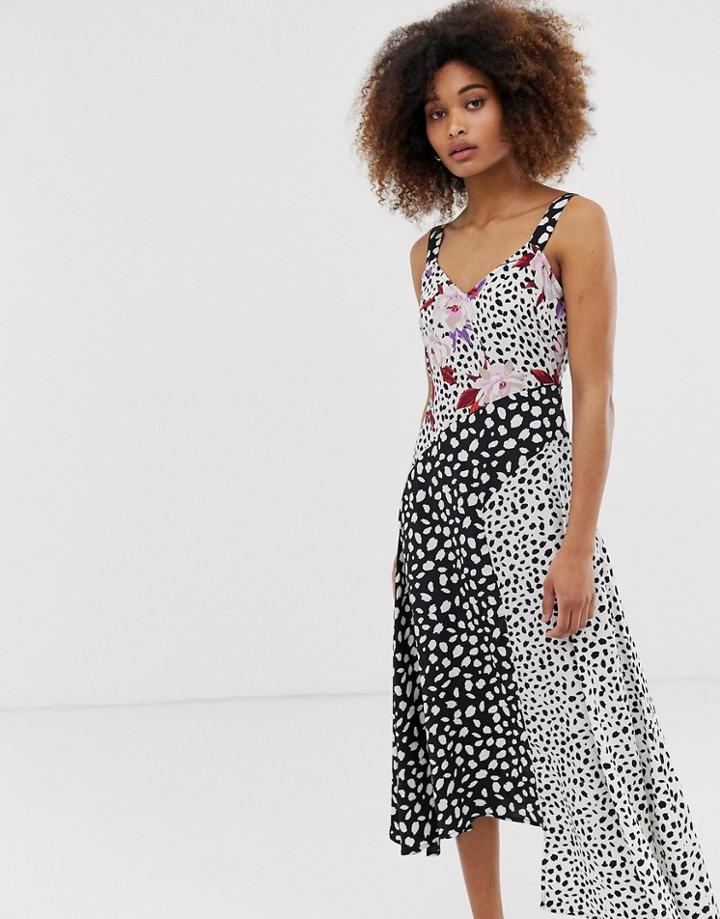 Neon Rose Midi Cami Dress With Asymmetric Hem In Spot Floral Print - Multi