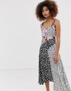 Neon Rose Midi Cami Dress With Asymmetric Hem In Spot Floral Print - Multi