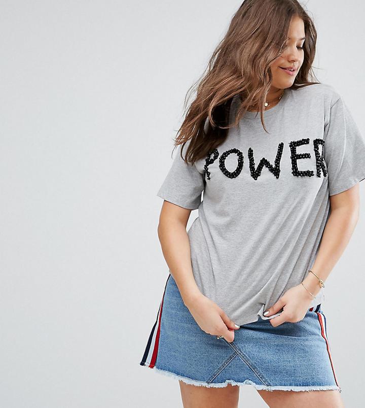 Asos Curve T-shirt In Boyfriend Fit With Beaded Power Motif - Gray
