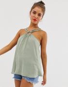 Asos Design Halterneck Cami With Ring Detail And Braiding-green