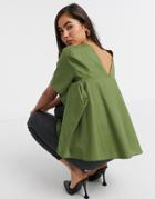 Asos Design Short Sleeve Cotton Top With Pleat Back Detail In Olive-green