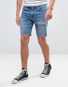 Asos Denim Shorts In Slim Mid Blue With Thigh Rip - Blue