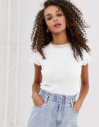 Asos Design Crop Top In Pointelle With Lettuce Trim - White