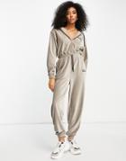 Asos Design Cord Sporty Zip Through Jumpsuit In Mushroom-gray