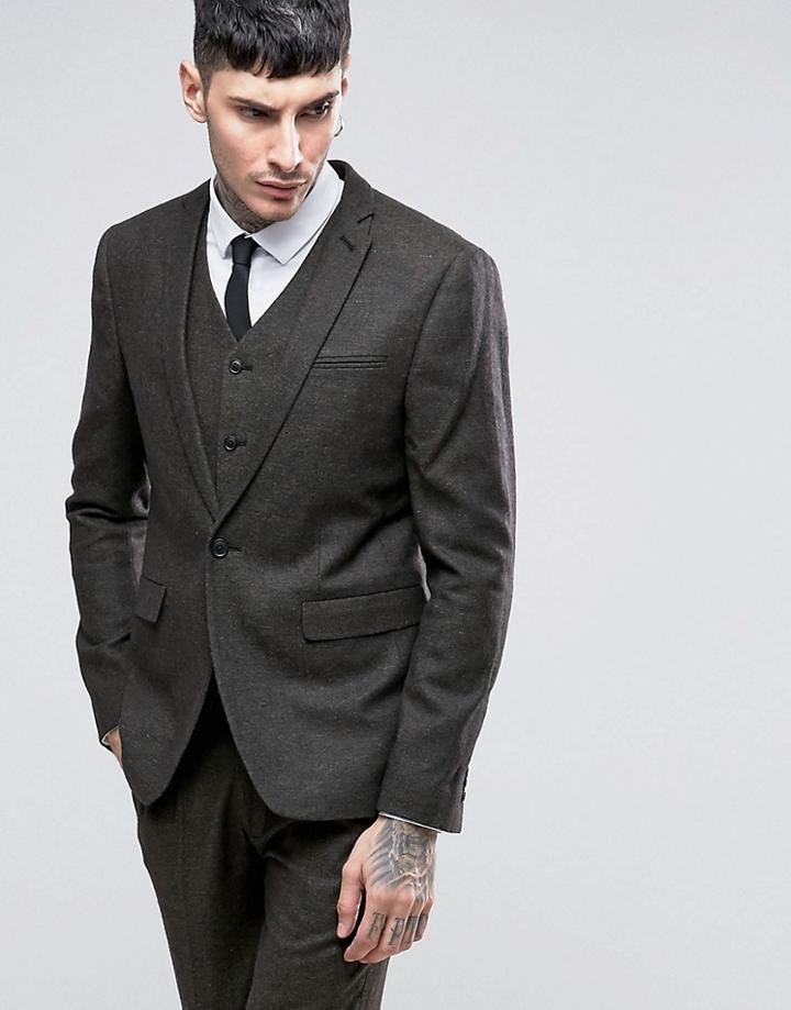 Asos Slim Suit Jacket In Khaki Tweed - Green