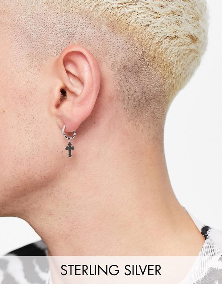 Asos Design Sterling Silver Hoop Earrings With Gothic Crosses