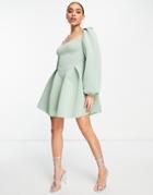 Asos Design Long Puff Sleeve Mini Skater Dress With Sweetheart Neckline In Sage-green