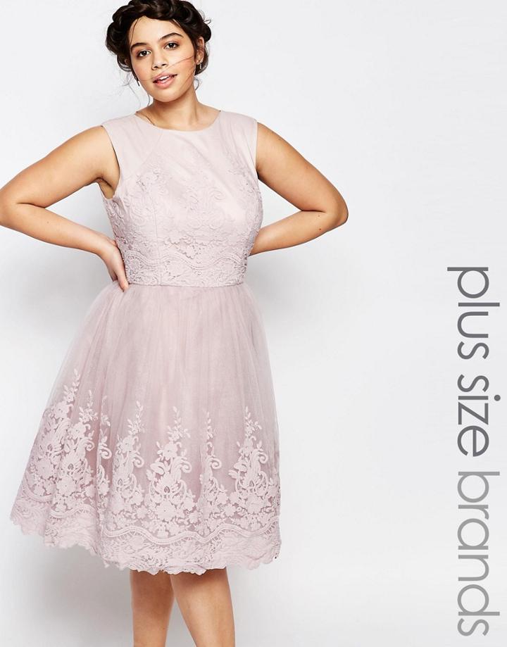 Chi Chi London Plus Premium Embroidered Lace Tulle Midi Prom Dress - Mauve