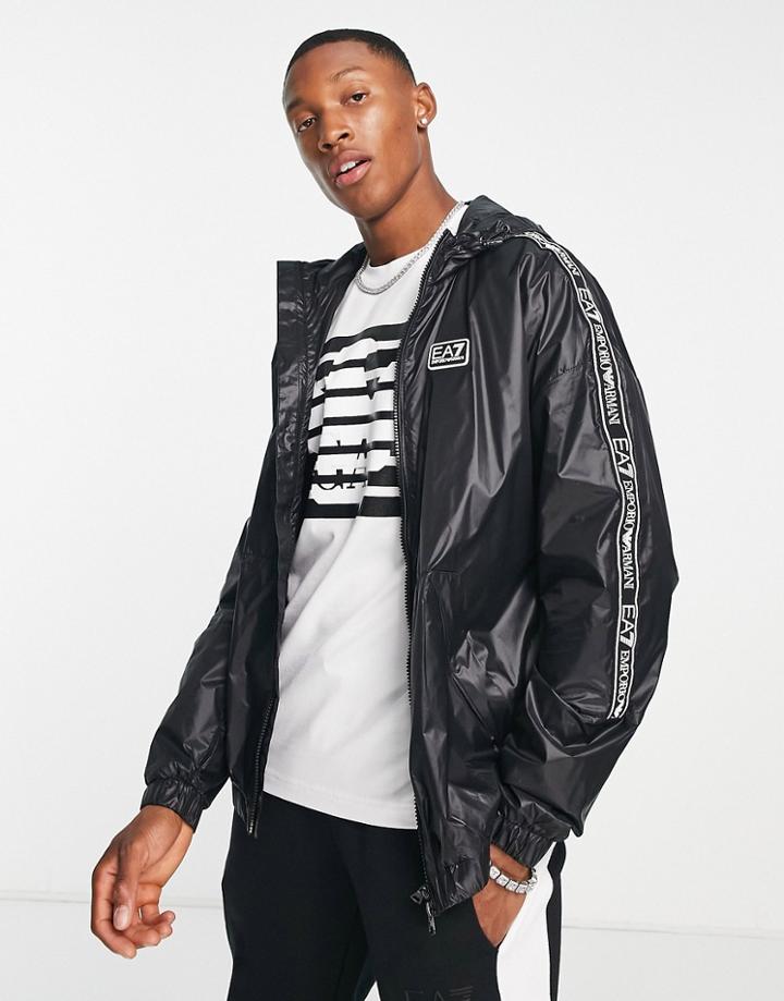 Armani Ea7 Zip Through Hooded Bomber Jacket With Arm Taping In Black