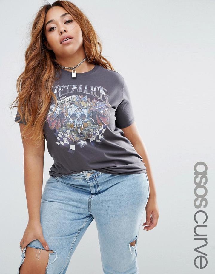 Asos Curve T-shirt With Metallica Print In Washed Oversized Fit - Gray