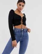 Asos Design Puff Sleeve Top With Lace Up Front - Black