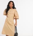 Vero Moda Petite Poplin Midi Dress With Puff Sleeves In Tan-brown