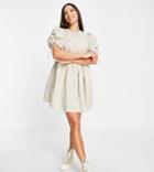Influence Tall Puff Sleeve Mini Dress In Beige Gingham-neutral