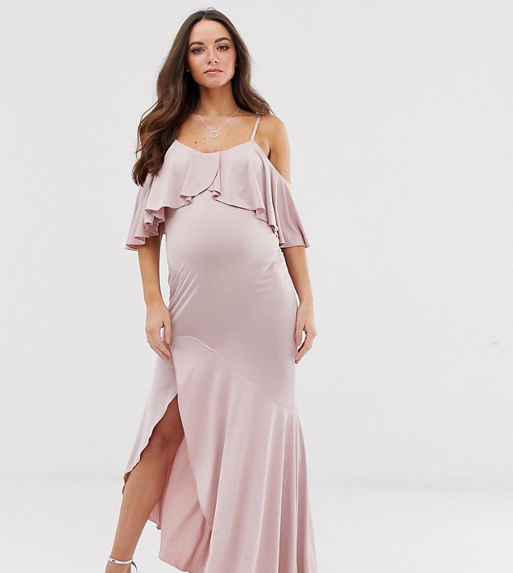 Flounce London Maternity Satin Stretch Midi Dress With Cold Shoulder With Frill Detail In Mauve-purple