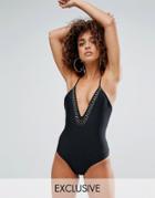 South Beach Studed Plunge Swimsuit - Black