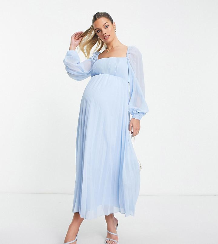 Asos Design Maternity Square Neck Pleated Midi Skater Dress In Pale Blue
