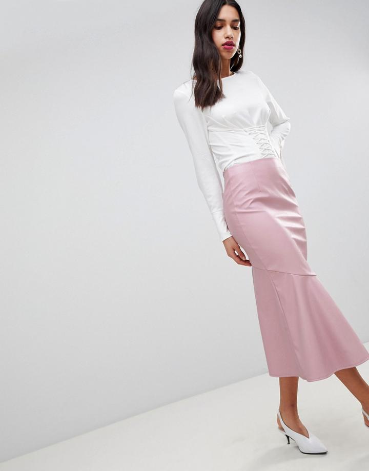Asos Design Leather Look Midi Skirt With Kickflare - Pink