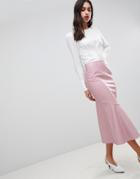 Asos Design Leather Look Midi Skirt With Kickflare - Pink