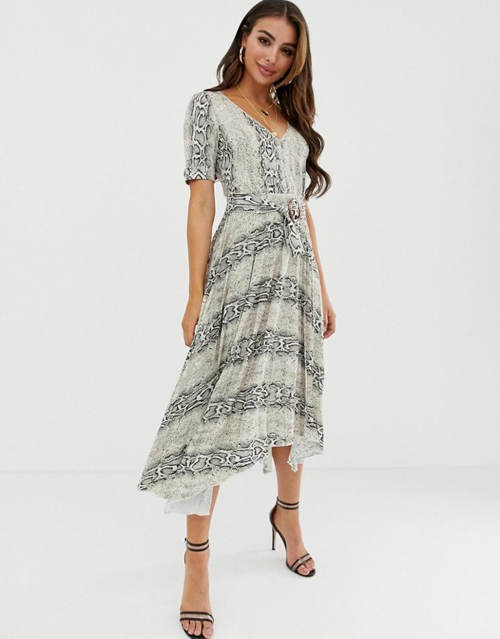 Asos Design V Neck Midi Dress With Pleated Skirt And Belt In Snake Print-multi