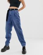 Asos Design Tapered Leg Boyfriend Jeans With Curve Seam In Mid Vintage Wash With Webbing Belt-blue