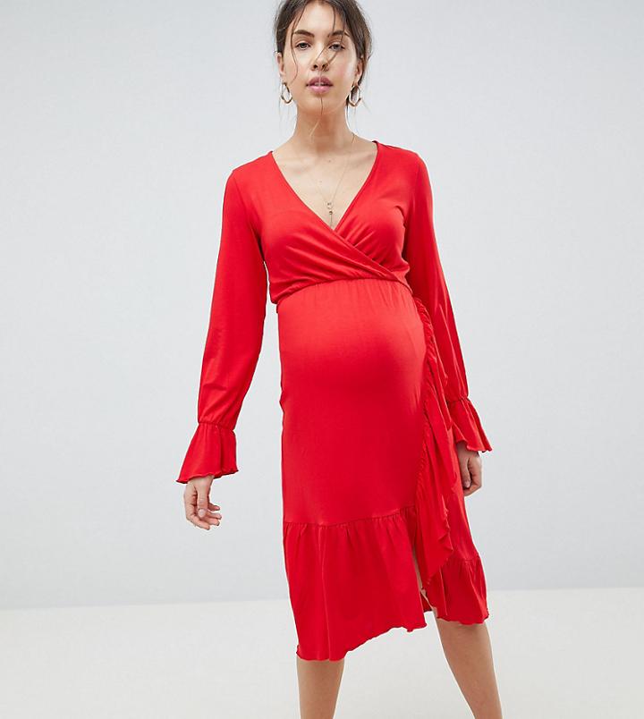Asos Design Maternity Nursing Wrap Dress With Frill Detail - Red