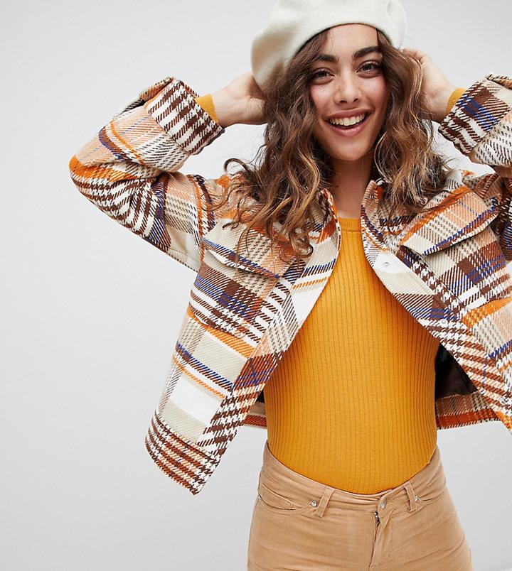 Monki Trucker Jacket In Brown Check Print