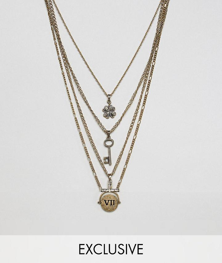 Reclaimed Vintage Inspired Multi Layered Necklaces With Coin And Cross In Burnished Gold Exclusive To Asos - Gold