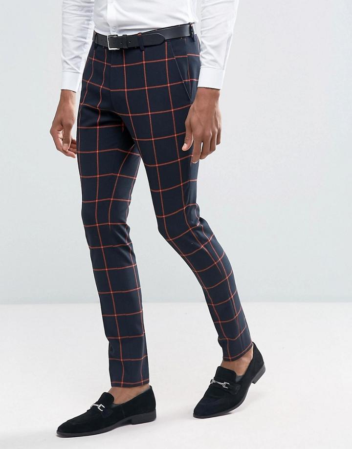 Asos Super Skinny Suit Pants In Navy With Orange Windowpane Check - Navy