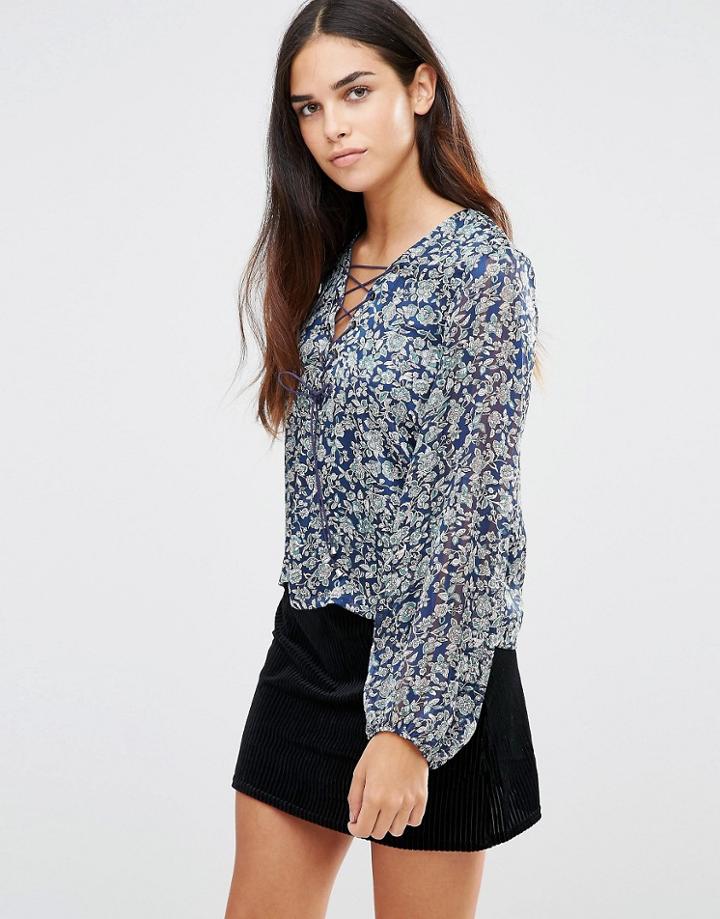 Tfnc Printed Tie Up Detail Top - Blue