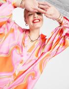 Asos Design Oversized Satin Shirt With Tie Cuff Detail In Pink & Green Marble Print-multi