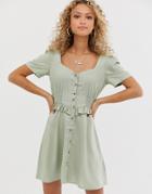 Asos Design Button Through Mini Dress With Shirred Waist-green