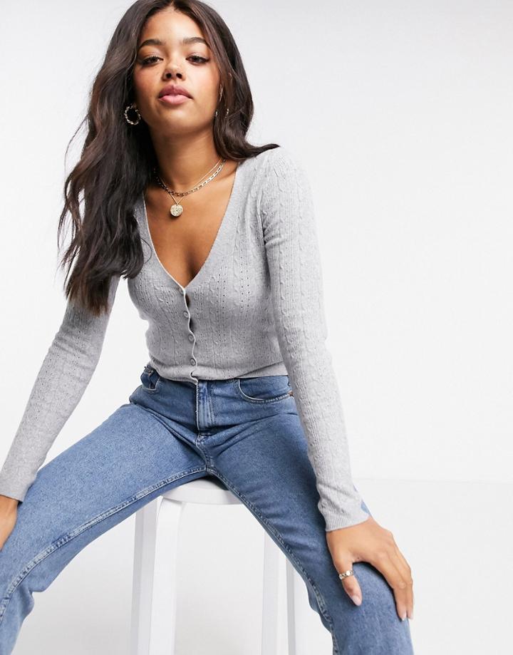 Stradivarius Cable Knit Cardigan In Gray-grey