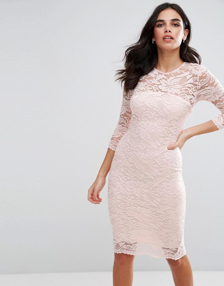 Ax Paris Lace 3/4 Sleeve Bodycon Dress - Pink