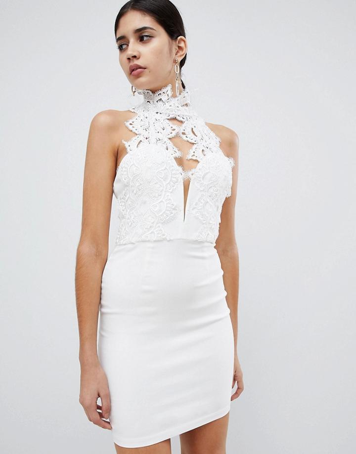 Rare High Neck Plunge Lace Mini Dress - White