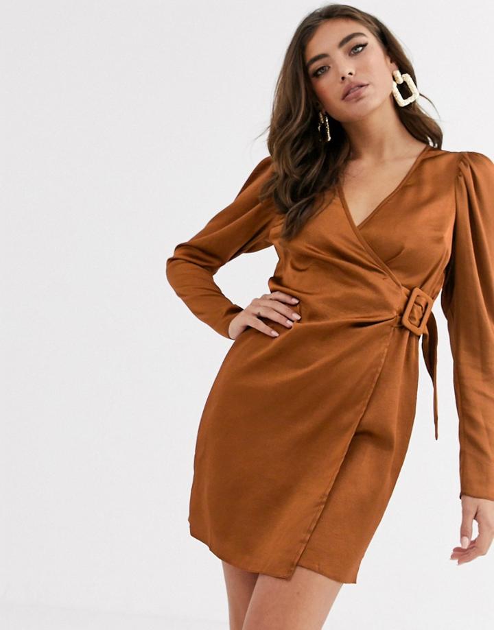 Asos Design Satin Wrap Mini Dress With Buckle In Rust-brown